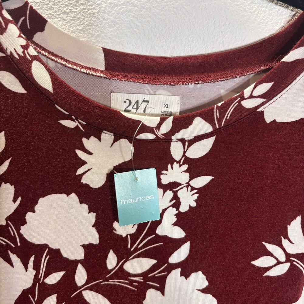 24/7 Maurices Burgundy Floral Shift Dress XL Sleeveless Stretch Casual NWT - Picture 2 of 6
